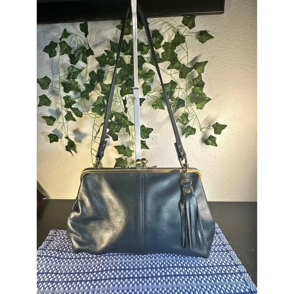 Jilly Designs Leather Kiss Lock Handbag Navy Blue with Tassel Handcrafted